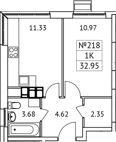Планировка — Новотомилино, 1-комн., 33 м²