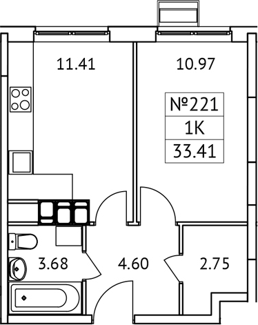 Планировка — Новотомилино, 1-комн., 33 м²