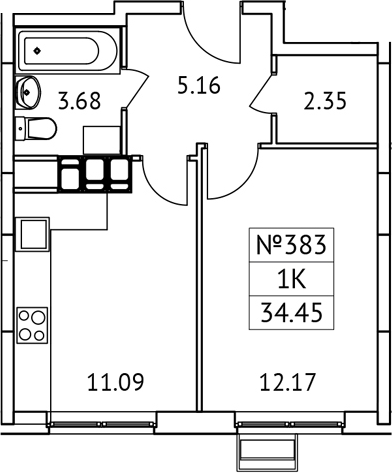 Планировка — Новотомилино, 1-комн., 34 м²