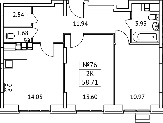 Планировка — Новотомилино, 2-комн., 59 м²