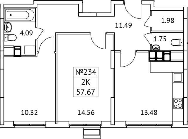 Планировка — Новотомилино, 2-комн., 58 м²