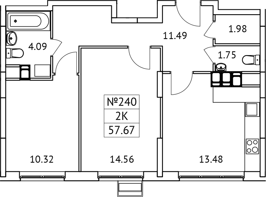 Планировка — Новотомилино, 2-комн., 58 м²