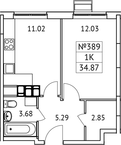 Планировка — Новотомилино, 1-комн., 35 м²
