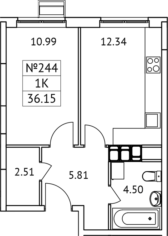 Планировка — Новотомилино, 1-комн., 36 м²