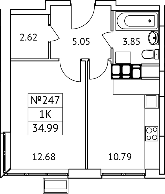 Планировка — Новотомилино, 1-комн., 35 м²