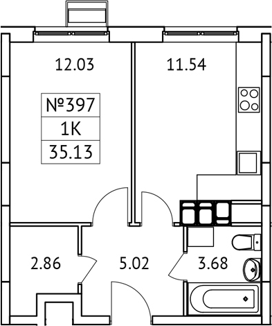 Планировка — Новотомилино, 1-комн., 35 м²