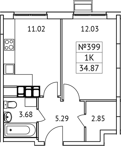 Планировка — Новотомилино, 1-комн., 35 м²