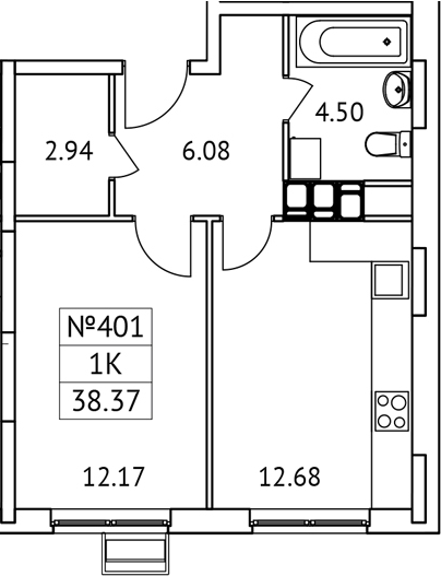 Планировка — Новотомилино, 1-комн., 38 м²