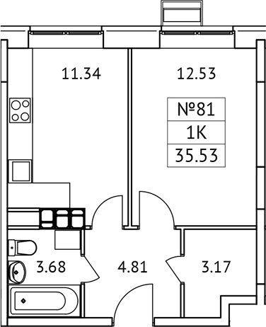 Планировка — Новотомилино, 1-комн., 36 м²