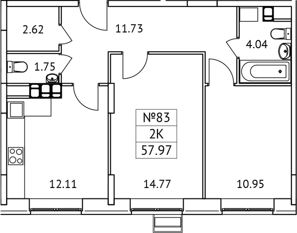 Планировка — Новотомилино, 2-комн., 58 м²
