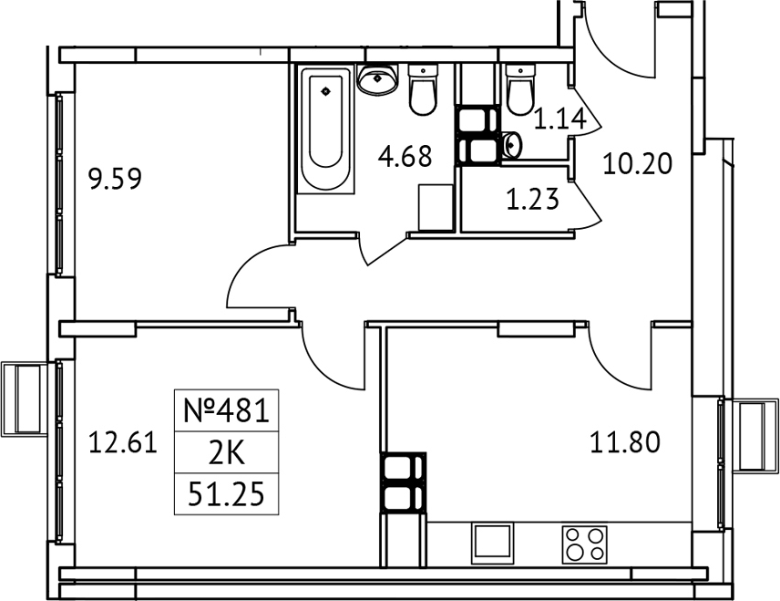 Планировка — Новотомилино, 2-комн., 51 м²