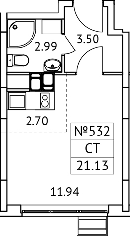 Планировка — Новотомилино, Студия, 21 м²