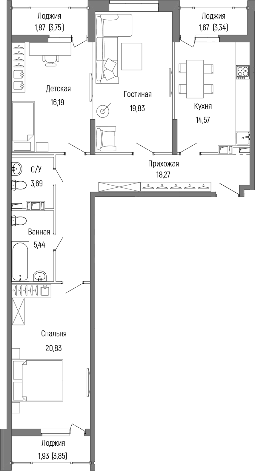 Планировка — Riga Hills, 3-комн., 99 м²