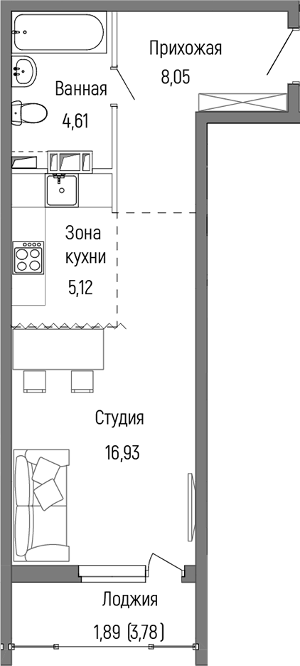 Планировка — Riga Hills, Студия, 35 м²