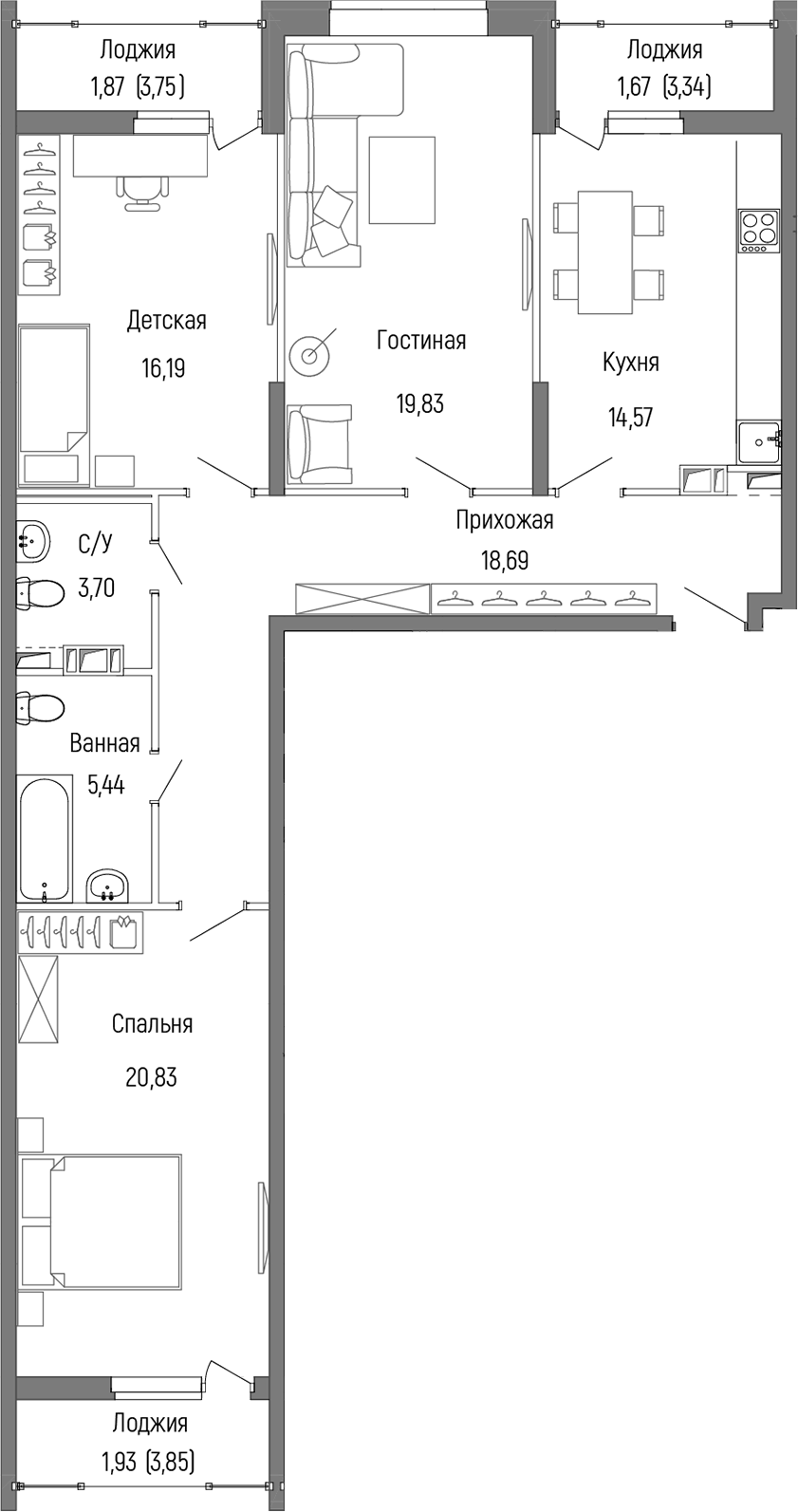 Планировка — Riga Hills, 3-комн., 99 м²