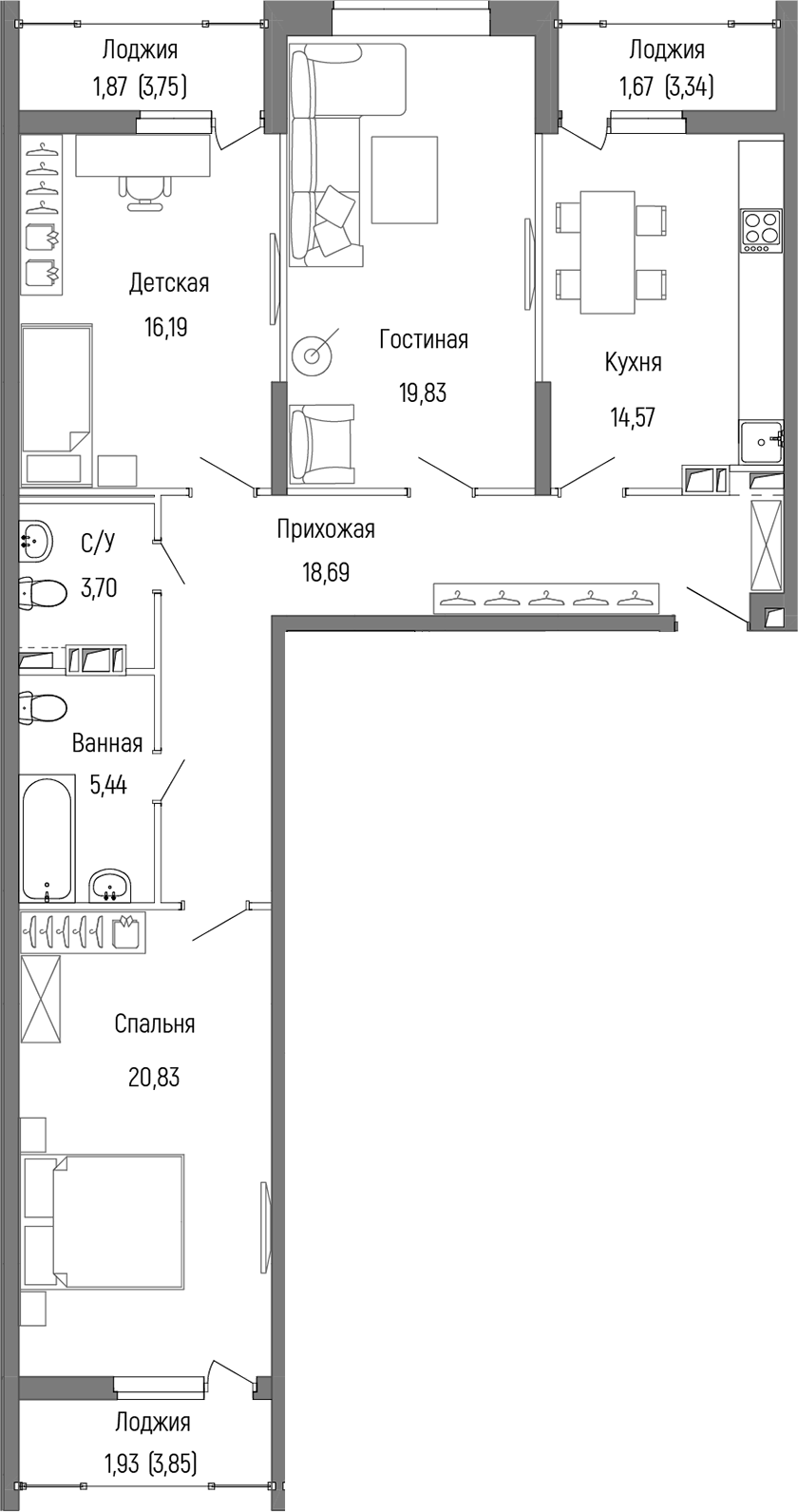 Планировка — Riga Hills, 3-комн., 99 м²