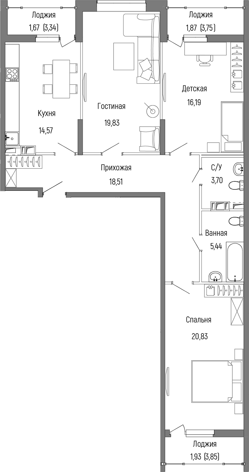 Планировка — Riga Hills, 3-комн., 99 м²