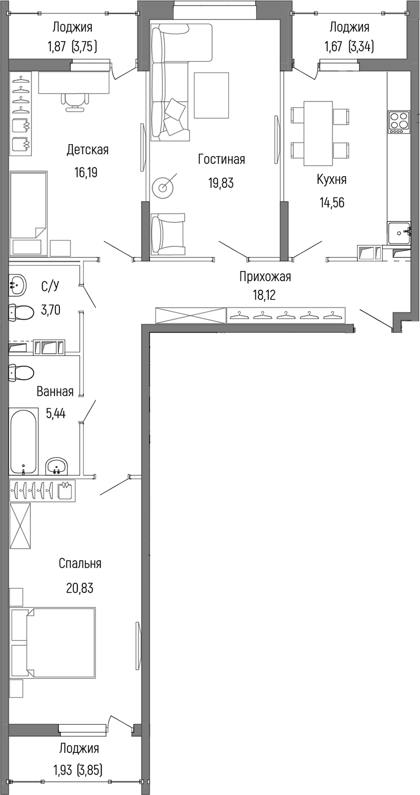 Планировка — Riga Hills, 3-комн., 99 м²