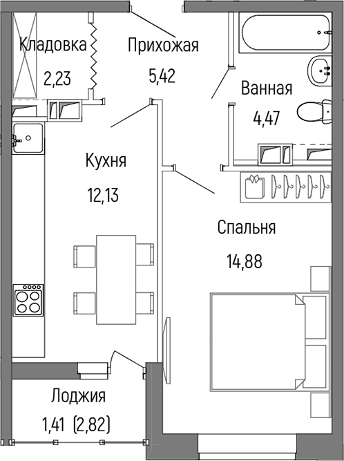 Планировка — Riga Hills, 1-комн., 39 м²