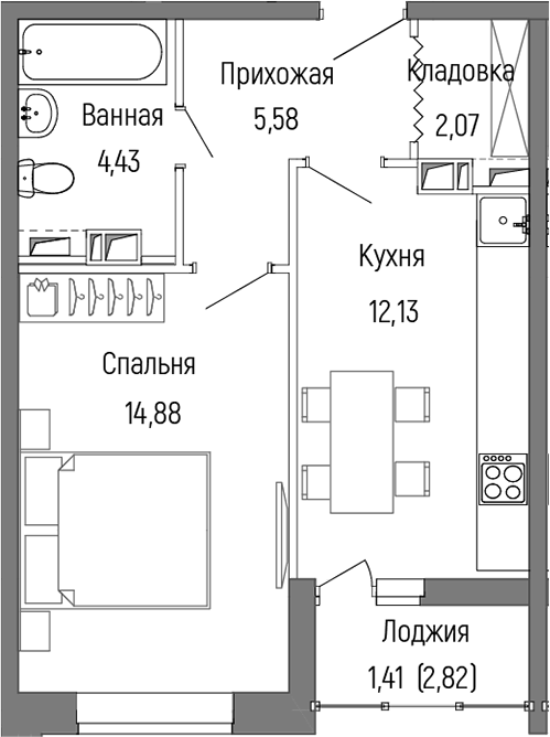 Планировка — Riga Hills, 1-комн., 39 м²