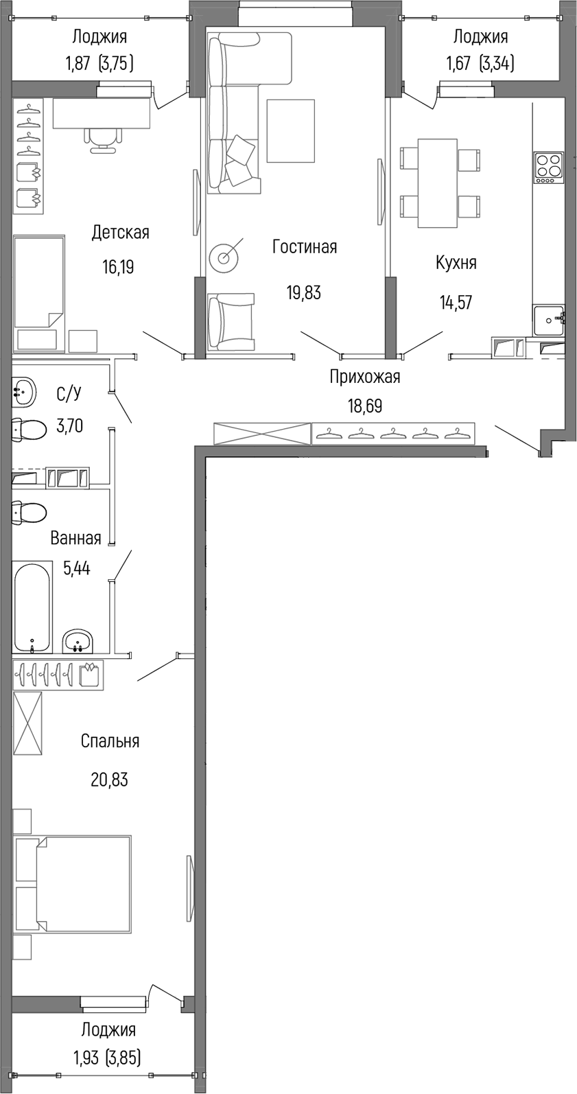 Планировка — Riga Hills, 3-комн., 99 м²