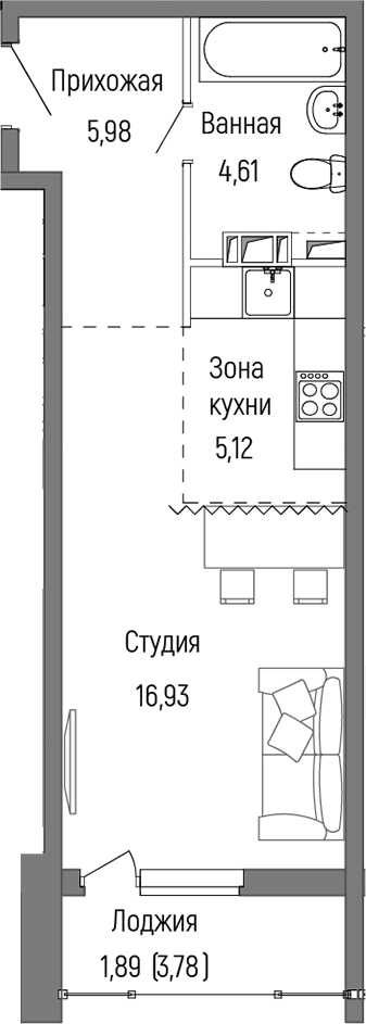 Планировка — Riga Hills, Студия, 33 м²
