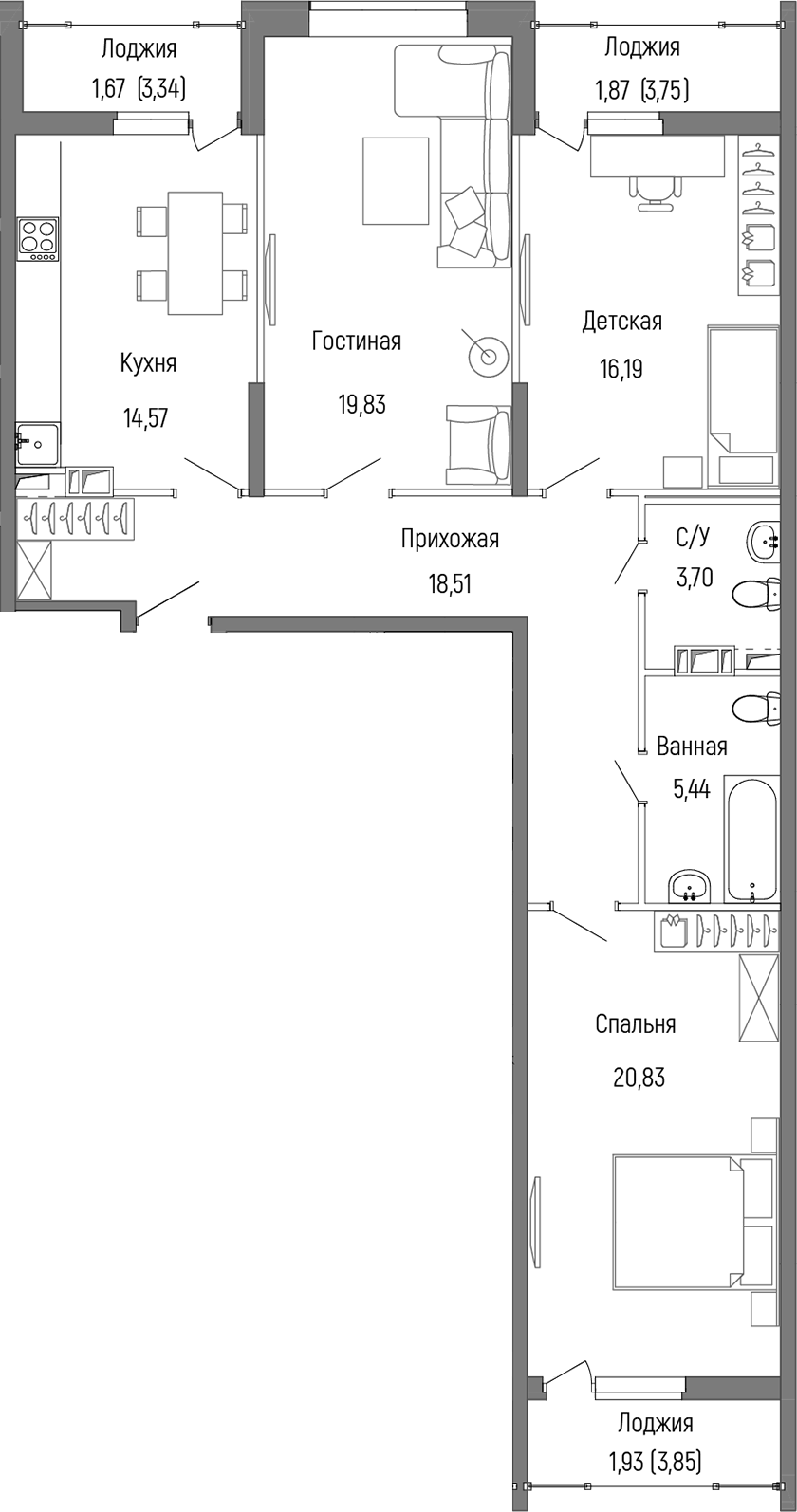 Планировка — Riga Hills, 3-комн., 99 м²