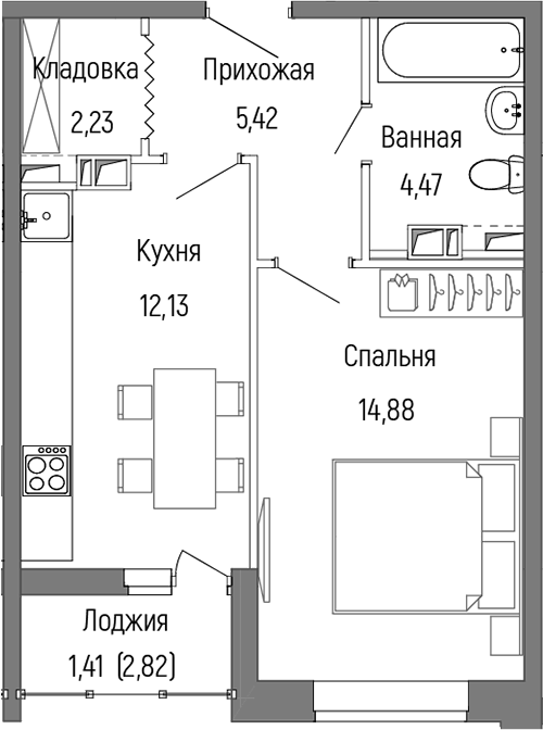 Планировка — Riga Hills, 1-комн., 40 м²