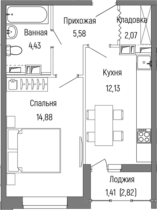 Планировка — Riga Hills, 1-комн., 39 м²