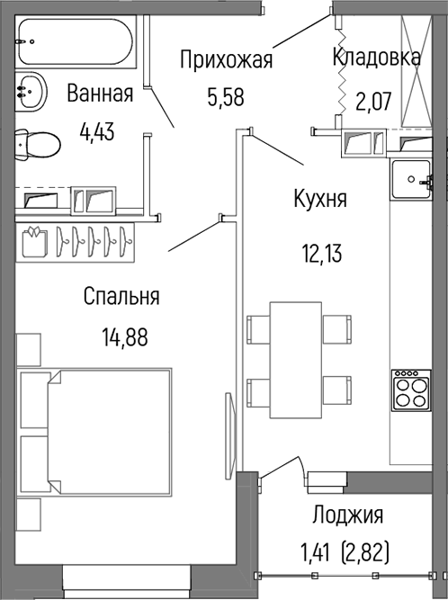 Планировка — Riga Hills, 1-комн., 39 м²