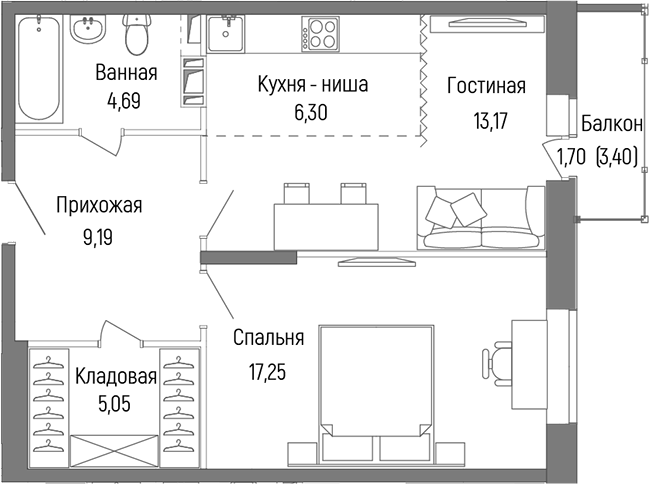 Планировка — Riga Hills, 2-комн., 56 м²