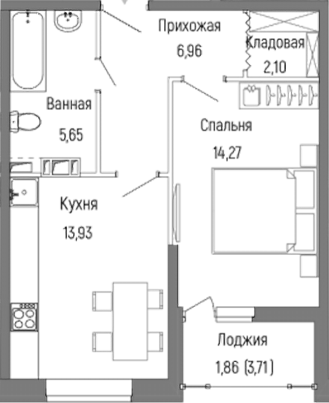 Планировка — Riga Hills, 1-комн., 43 м²