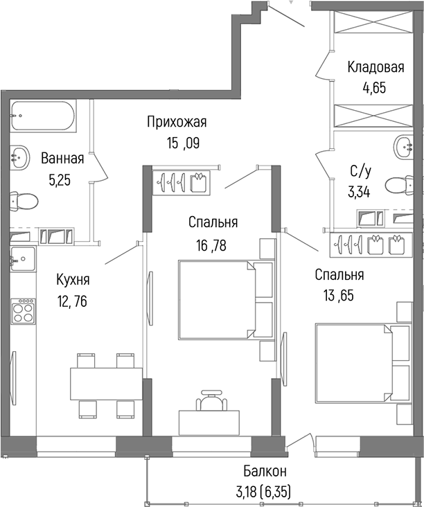 Планировка — Riga Hills, 2-комн., 72 м²