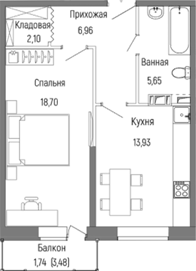Планировка — Riga Hills, 1-комн., 47 м²