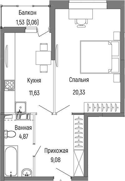 Планировка — Riga Hills, 1-комн., 46 м²