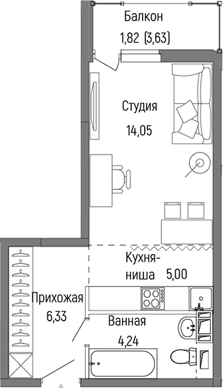 Планировка — Riga Hills, Студия, 30 м²