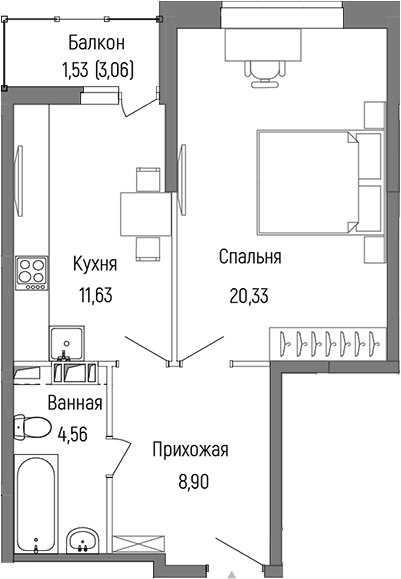 Планировка — Riga Hills, 1-комн., 45 м²