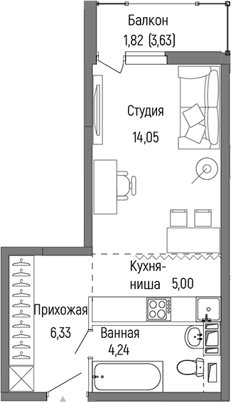 Планировка — Riga Hills, Студия, 30 м²