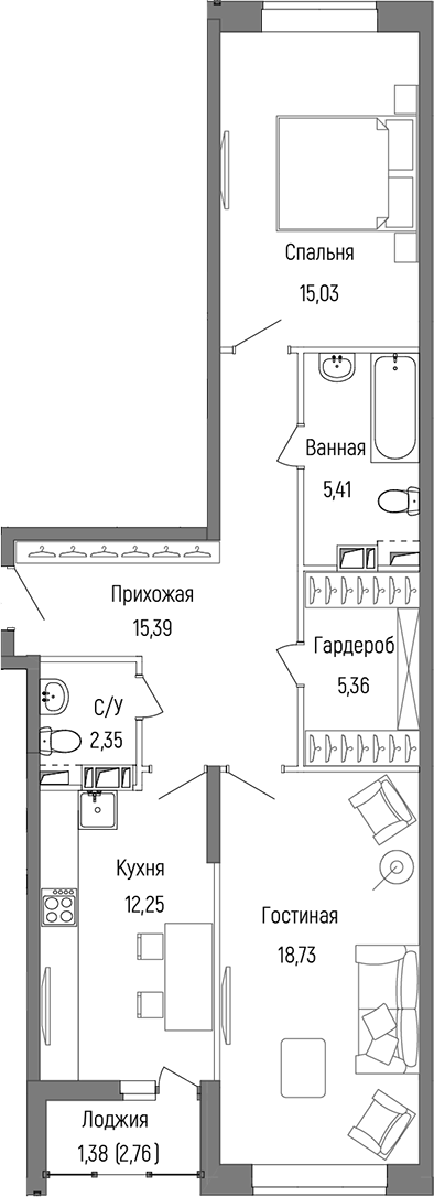 Планировка — Riga Hills, 2-комн., 75 м²