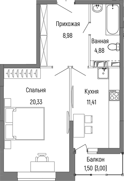 Планировка — Riga Hills, 1-комн., 46 м²