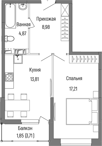 Планировка — Riga Hills, 1-комн., 45 м²