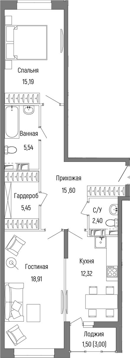 Планировка — Riga Hills, 2-комн., 75 м²
