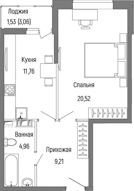 Планировка — Riga Hills, 1-комн., 46 м²