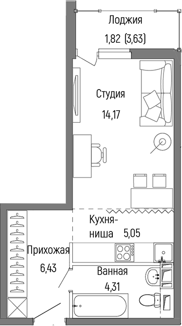 Планировка — Riga Hills, Студия, 30 м²