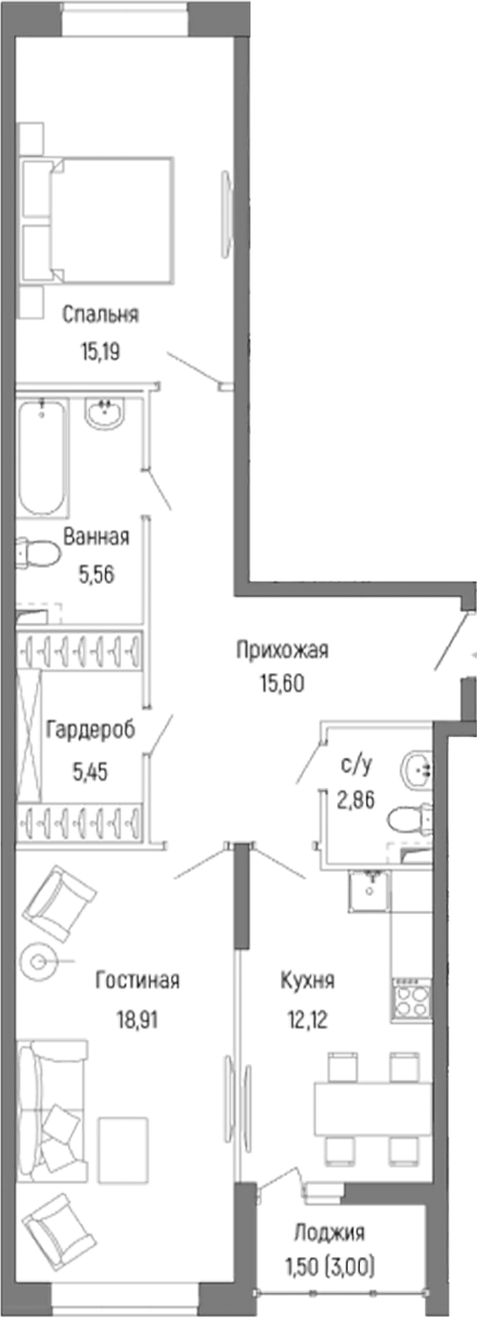 Планировка — Riga Hills, 2-комн., 76 м²