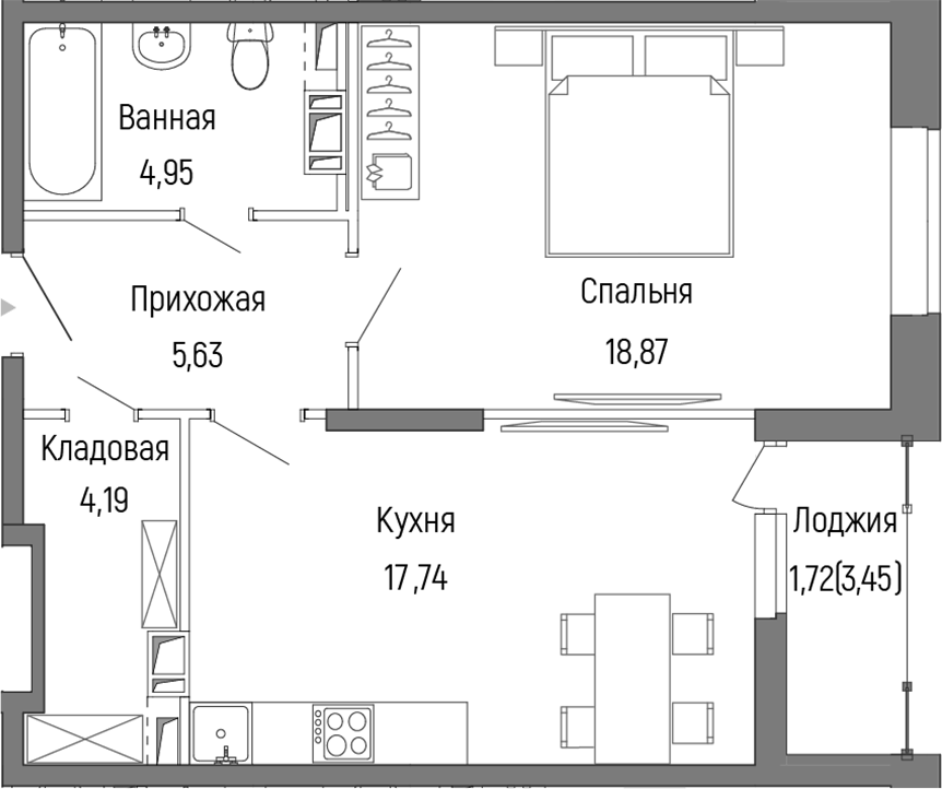 Планировка — Riga Hills, 1-комн., 51 м²