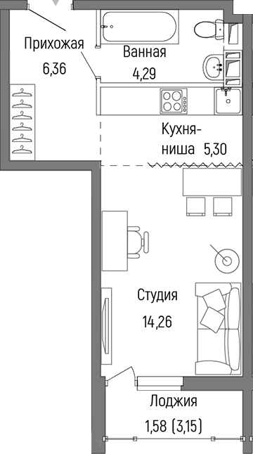 Планировка — Riga Hills, Студия, 30 м²