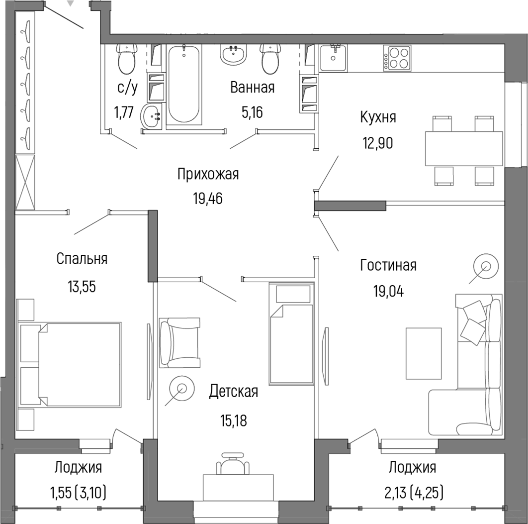 Планировка — Riga Hills, 3-комн., 87 м²