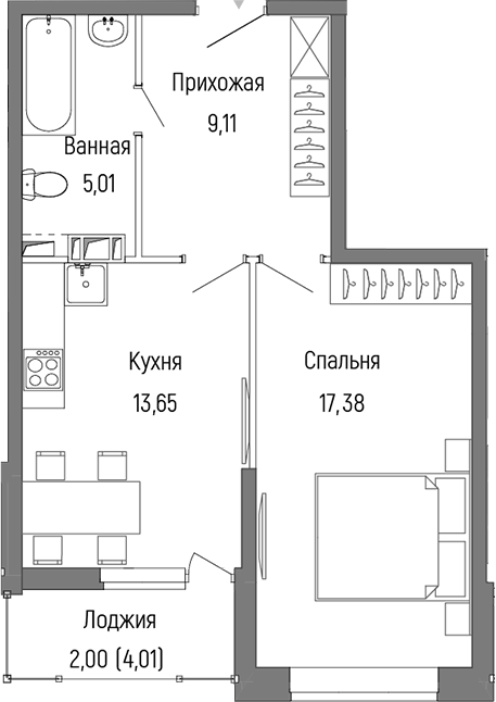 Планировка — Riga Hills, 1-комн., 45 м²