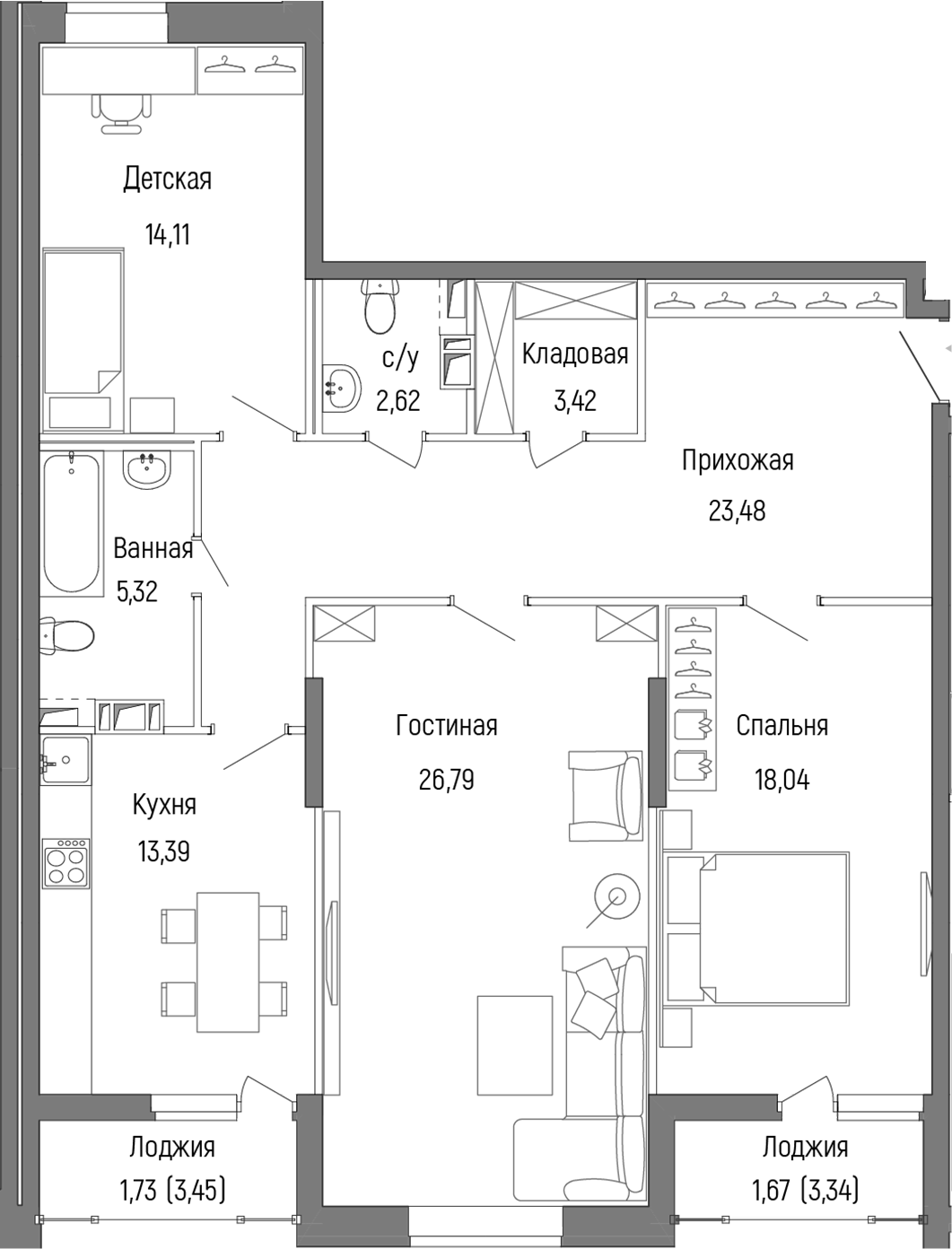 Планировка — Riga Hills, 3-комн., 107 м²